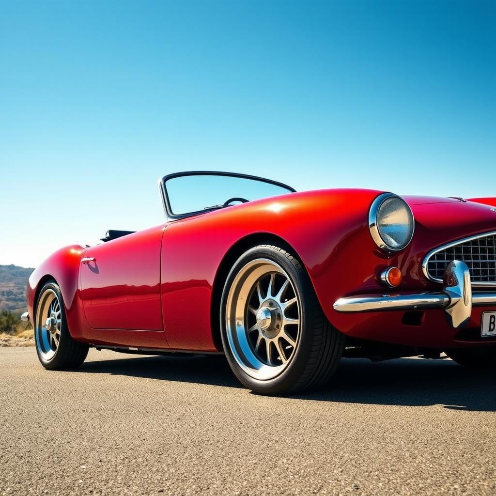 A stunning classic car showcasing a set of vintage BBS wheels, parked under a clear blue sky