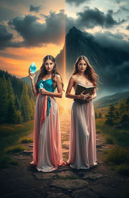 A captivating scene with two sisters standing at a crossroads, each holding a different object that symbolizes their contrasting paths: one sister clutches a glowing crystal representing hope and adventure, while the other holds an ancient, weathered book symbolizing tradition and wisdom