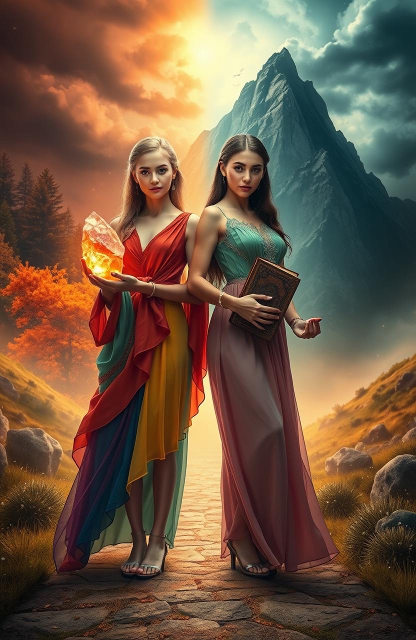 A captivating scene with two sisters standing at a crossroads, each holding a different object that symbolizes their contrasting paths: one sister clutches a glowing crystal representing hope and adventure, while the other holds an ancient, weathered book symbolizing tradition and wisdom