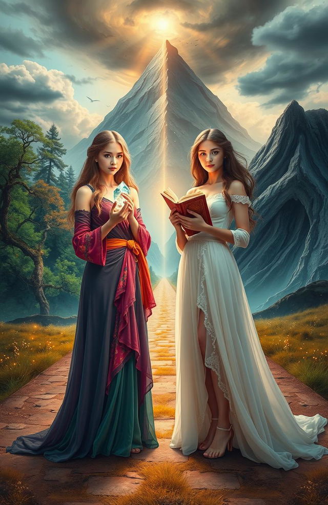 A captivating scene with two sisters standing at a crossroads, each holding a different object that symbolizes their contrasting paths: one sister clutches a glowing crystal representing hope and adventure, while the other holds an ancient, weathered book symbolizing tradition and wisdom