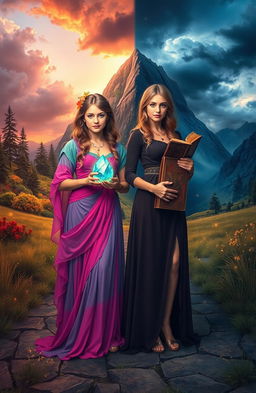 A captivating scene with two sisters standing at a crossroads, each holding a different object that symbolizes their contrasting paths: one sister clutches a glowing crystal representing hope and adventure, while the other holds an ancient, weathered book symbolizing tradition and wisdom