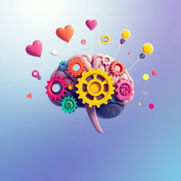 An abstract representation of psychology, featuring a human brain made of colorful gears and cogs, symbolizing thoughts and emotions