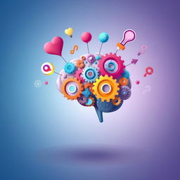 An abstract representation of psychology, featuring a human brain made of colorful gears and cogs, symbolizing thoughts and emotions