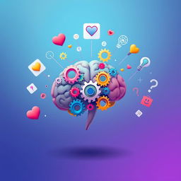 An abstract representation of psychology, featuring a human brain made of colorful gears and cogs, symbolizing thoughts and emotions