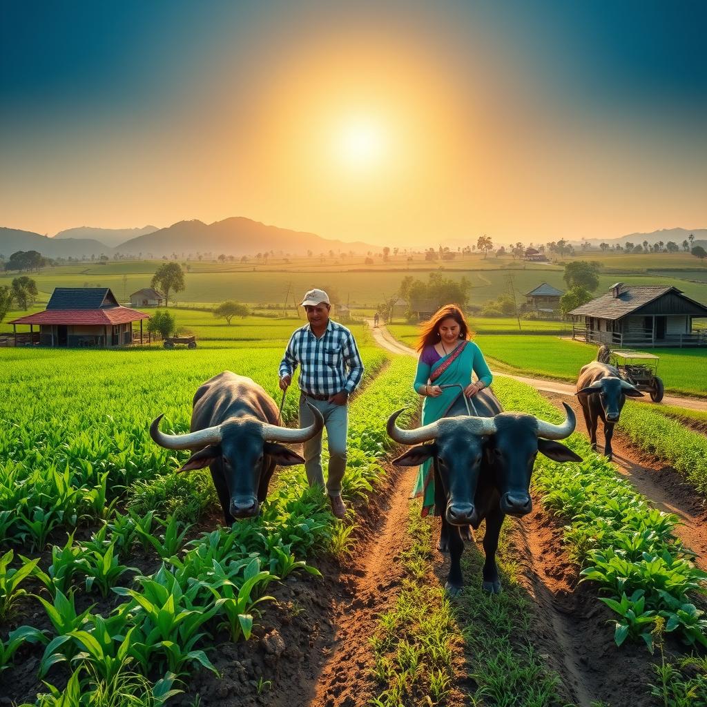 A heartwarming scene of a husband and wife working together on their farm in a picturesque village