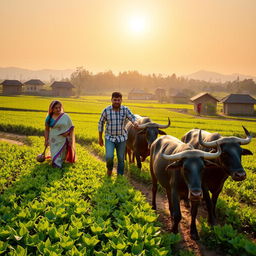 A heartwarming scene of a husband and wife working together on their farm in a picturesque village