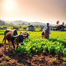 A heartwarming scene of a husband and wife working together on their farm in a picturesque village