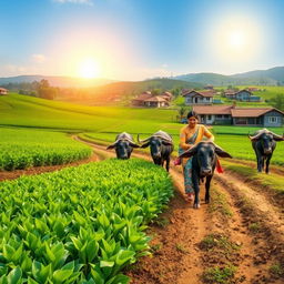 A heartwarming scene of a husband and wife working together on their farm in a picturesque village