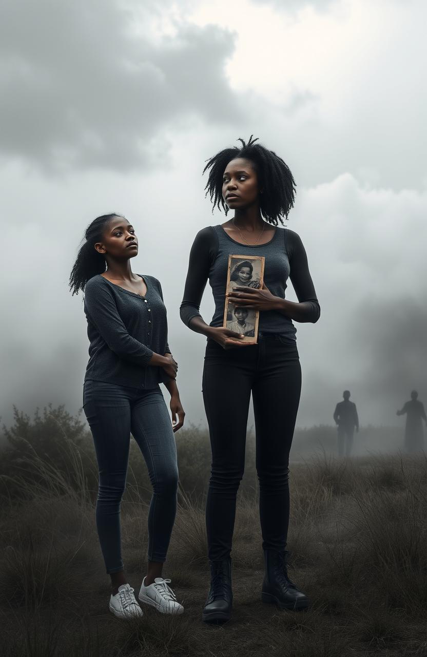 A poignant and emotional scene depicting two black sisters standing in a misty, ethereal landscape, symbolizing their journey of self-discovery