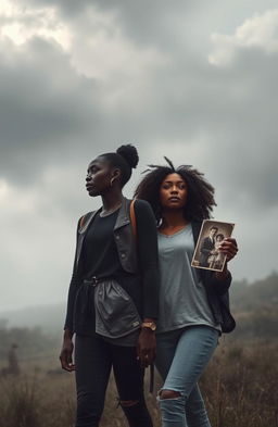 A poignant and emotional scene depicting two black sisters standing in a misty, ethereal landscape, symbolizing their journey of self-discovery