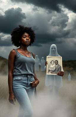 A poignant and emotional scene depicting two black sisters standing in a misty, ethereal landscape, symbolizing their journey of self-discovery