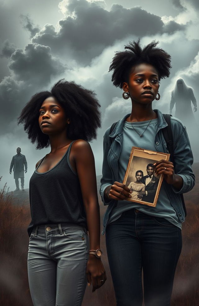 A poignant and emotional scene depicting two black sisters standing in a misty, ethereal landscape, symbolizing their journey of self-discovery