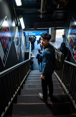 A person standing on the stairs of an underground metro station, gazing curiously at a man waiting for the metro