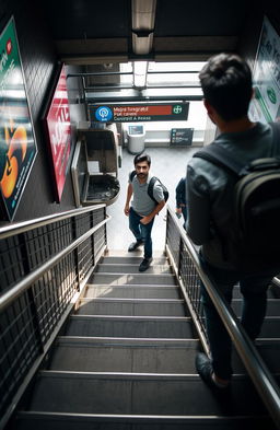 A person standing on the stairs of an underground metro station, gazing curiously at a man waiting for the metro