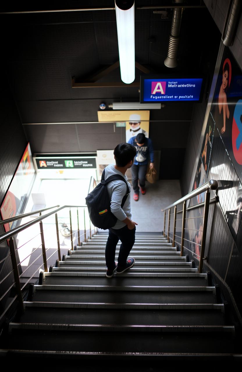 A person standing on the stairs of an underground metro station, gazing curiously at a man waiting for the metro