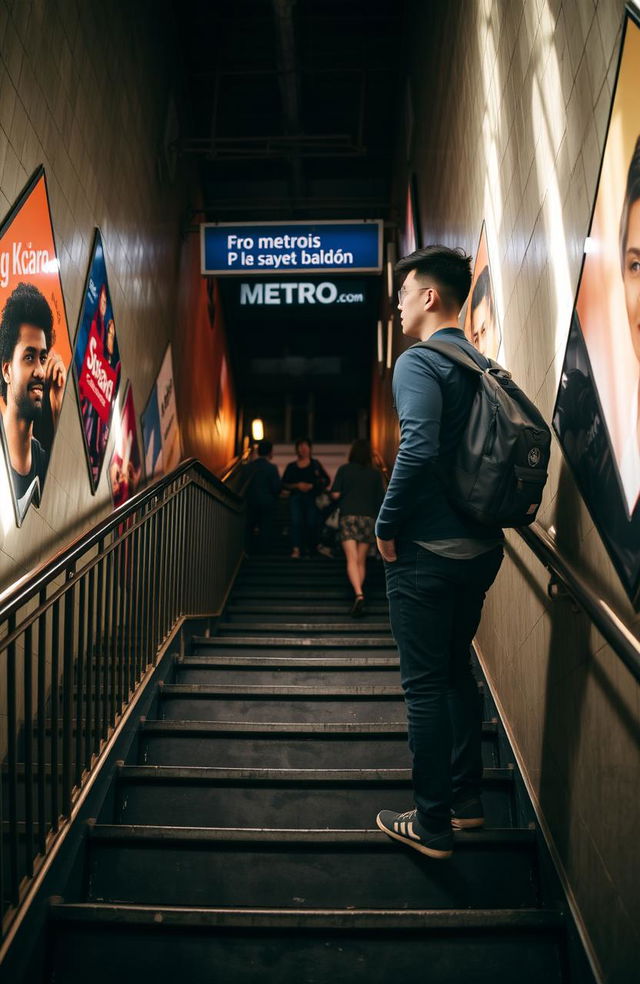 A person standing on the stairs of an underground metro station, gazing curiously at a man waiting for the metro