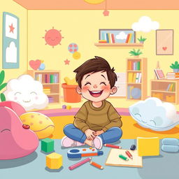 An illustrative representation of a child engaging in a joyful, imaginative play scenario, surrounded by colorful toys and an inviting environment