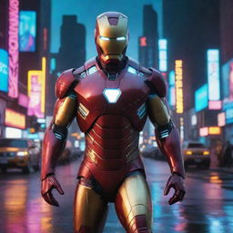 Craft an image blending Iron Man with a cyberpunk aesthetic