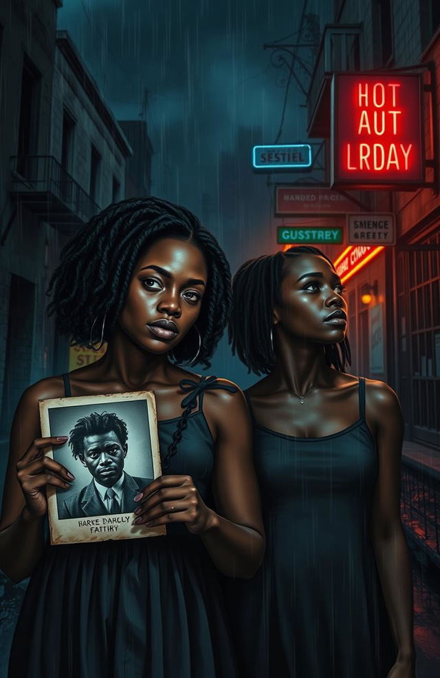 A dramatic scene depicting two black sisters standing on a dark, rainy street at night, their expressions reflecting a mix of determination and sorrow