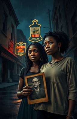 A dramatic scene depicting two black sisters standing on a dark, rainy street at night, their expressions reflecting a mix of determination and sorrow