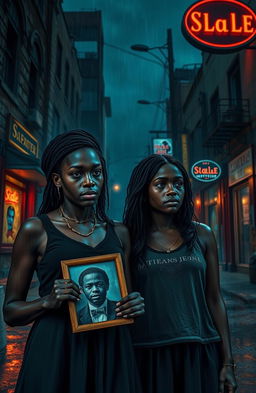 A dramatic scene depicting two black sisters standing on a dark, rainy street at night, their expressions reflecting a mix of determination and sorrow