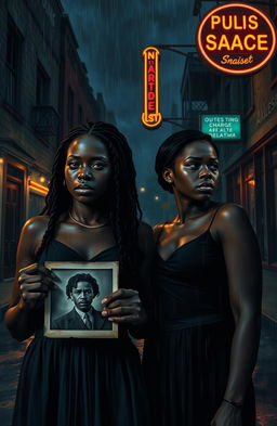 A dramatic scene depicting two black sisters standing on a dark, rainy street at night, their expressions reflecting a mix of determination and sorrow