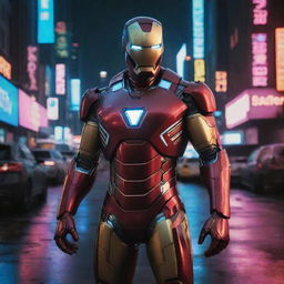 Craft an image blending Iron Man with a cyberpunk aesthetic