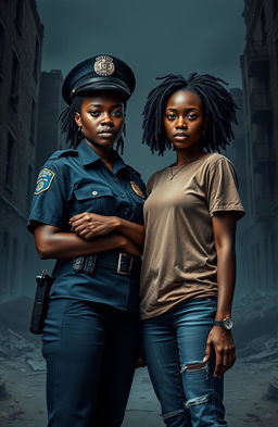 A poignant scene depicting two black sisters standing together in an emotional standoff, embodying their unresolved feelings about their father’s tragic death and their differing life paths