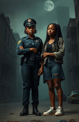 A poignant scene depicting two black sisters standing together in an emotional standoff, embodying their unresolved feelings about their father’s tragic death and their differing life paths