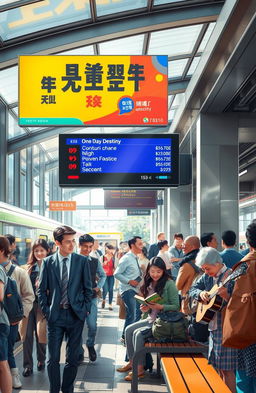 A vibrant scene at a bustling metro station depicting the theme 'One Day Destiny'