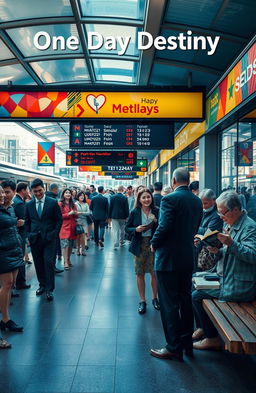 A vibrant scene at a bustling metro station depicting the theme 'One Day Destiny'