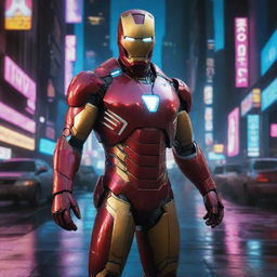 Craft an image blending Iron Man with a cyberpunk aesthetic