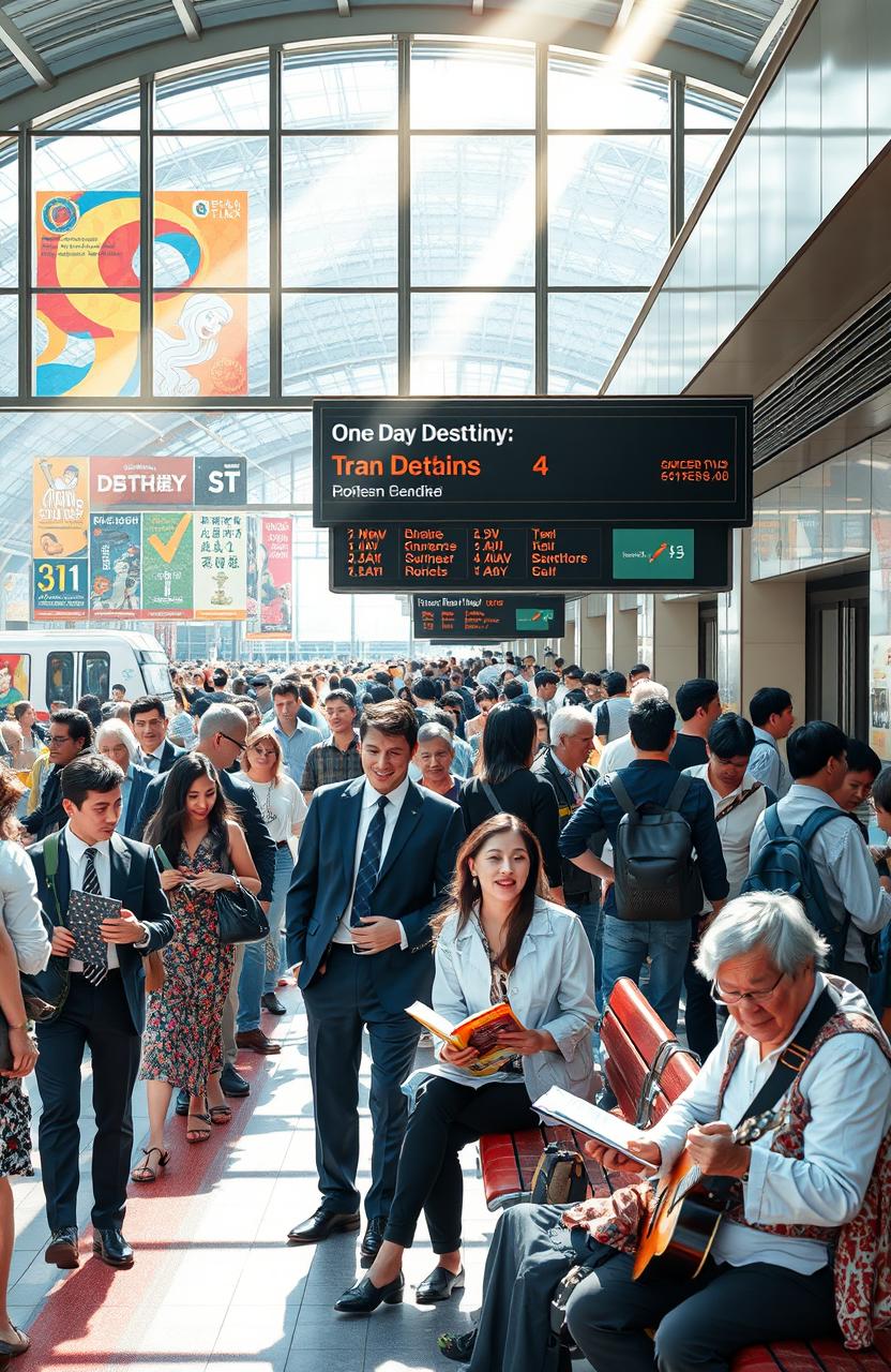 A vibrant scene at a bustling metro station depicting the theme 'One Day Destiny'