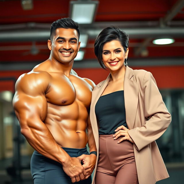 A muscular Malay male bodybuilder posing confidently beside Kris Jenner, showcasing their unique styles