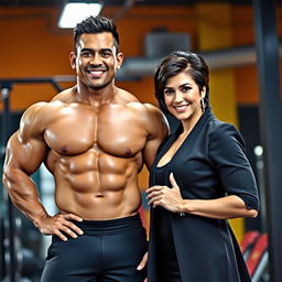 A muscular Malay male bodybuilder posing confidently beside Kris Jenner, showcasing their unique styles