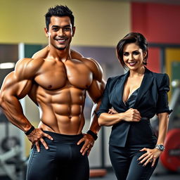 A muscular Malay male bodybuilder posing confidently beside Kris Jenner, showcasing their unique styles