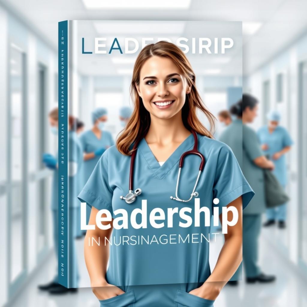 A book cover design featuring a strong, confident female nurse leader standing in a hospital setting