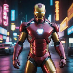 Craft an image blending Iron Man with a cyberpunk aesthetic