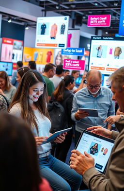A bustling online shopping scene featuring diverse people engaging in various activities