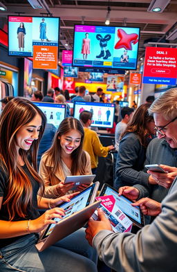 A bustling online shopping scene featuring diverse people engaging in various activities