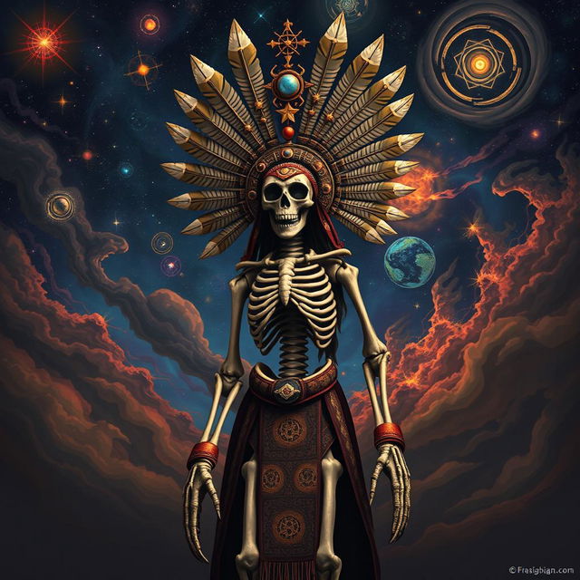 A Tzitzimitl, depicted as a powerful celestial being from Mesoamerican mythology, featuring a skeletal form with intricate bone details