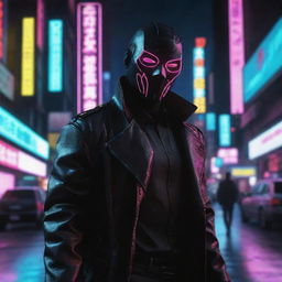 Generate an ultra high-definition image of a masked cyberpunk gangster