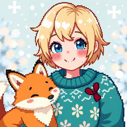A pixel art style Christmas avatar girl with a cute fox by her side
