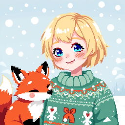 A pixel art style Christmas avatar girl with a cute fox by her side