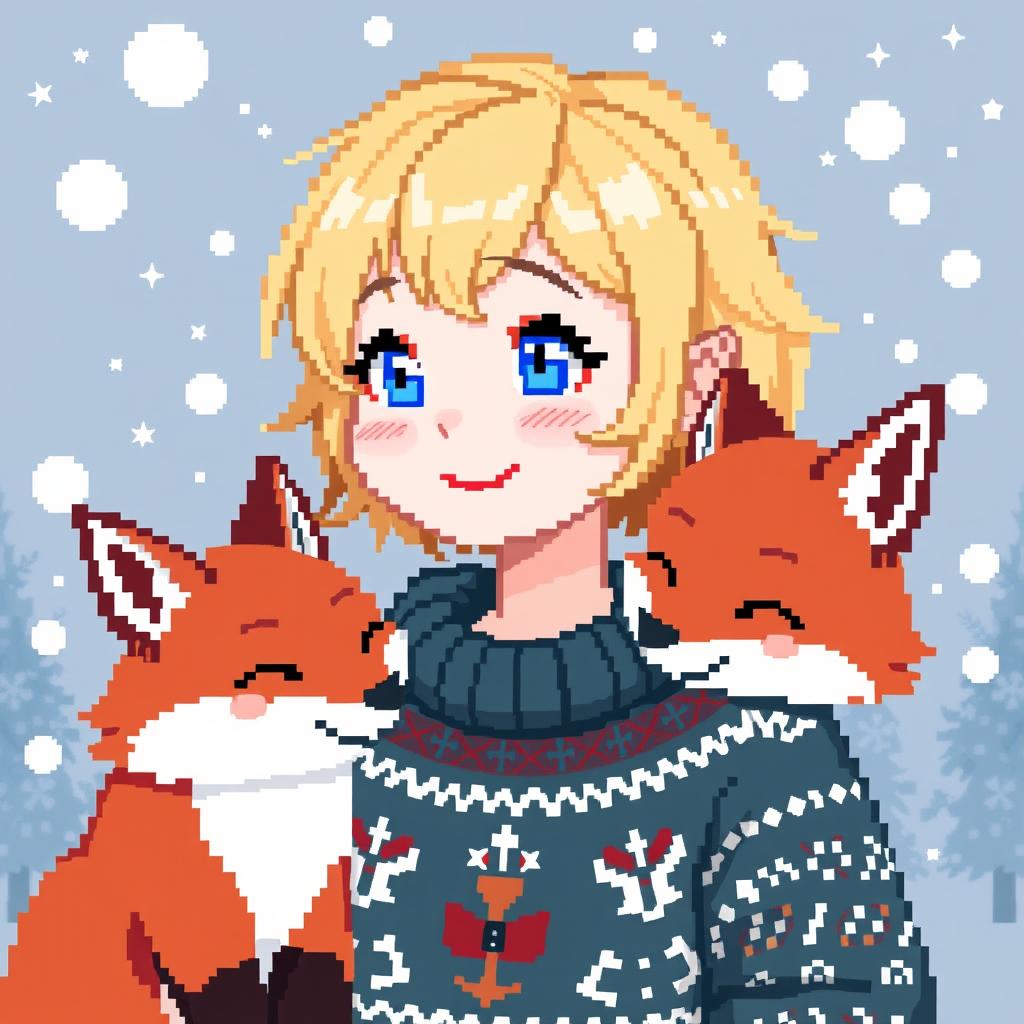 A pixel art style Christmas avatar girl with a cute fox by her side