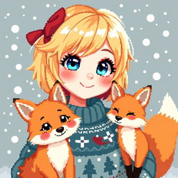 A pixel art style Christmas avatar girl with a cute fox by her side