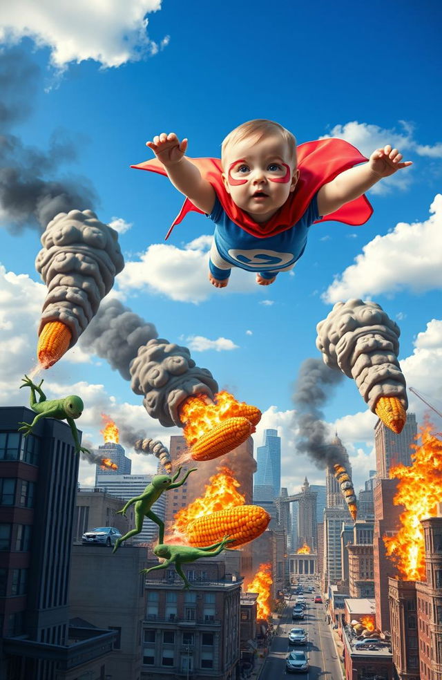 A superhero baby soaring through a bright blue sky, wearing a colorful cape and a playful costume