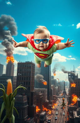 A superhero baby soaring through a bright blue sky, wearing a colorful cape and a playful costume