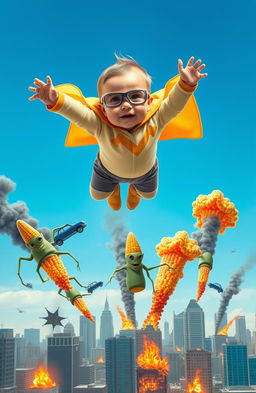 A superhero baby soaring through a bright blue sky, wearing a colorful cape and a playful costume