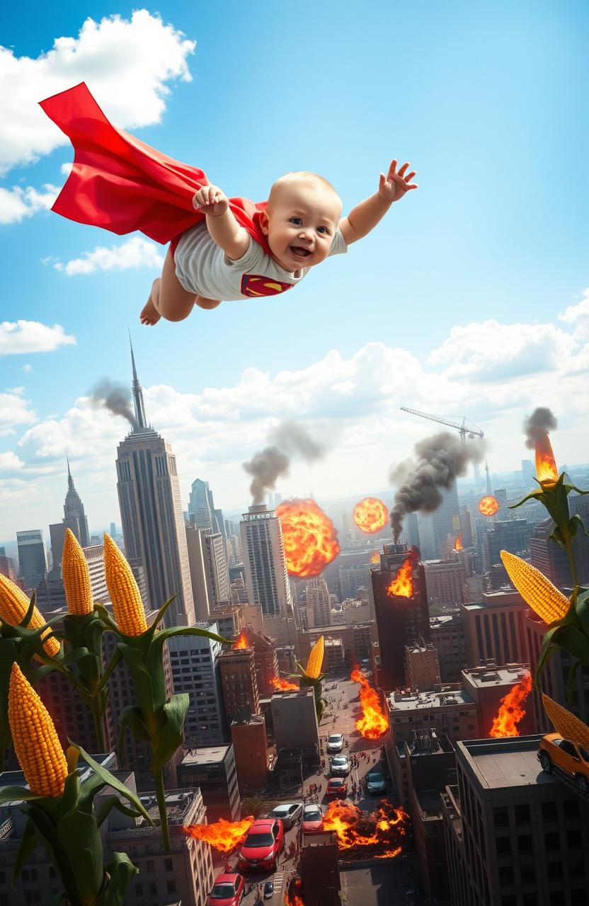 A superhero baby soaring through a bright blue sky, wearing a colorful cape and a playful costume